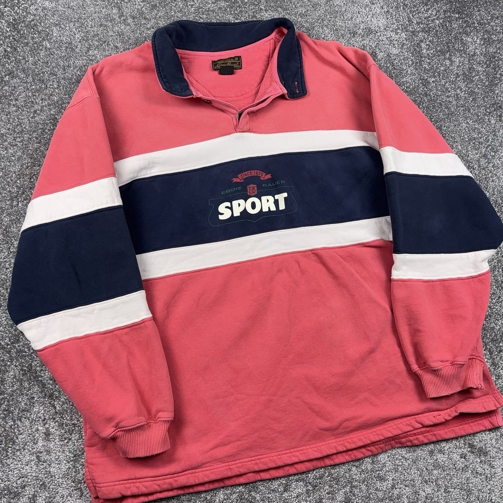 Vintage Eddie Bauer Rugby Shirt Men's Large Colorblock Long Sleeve Pullover Logo